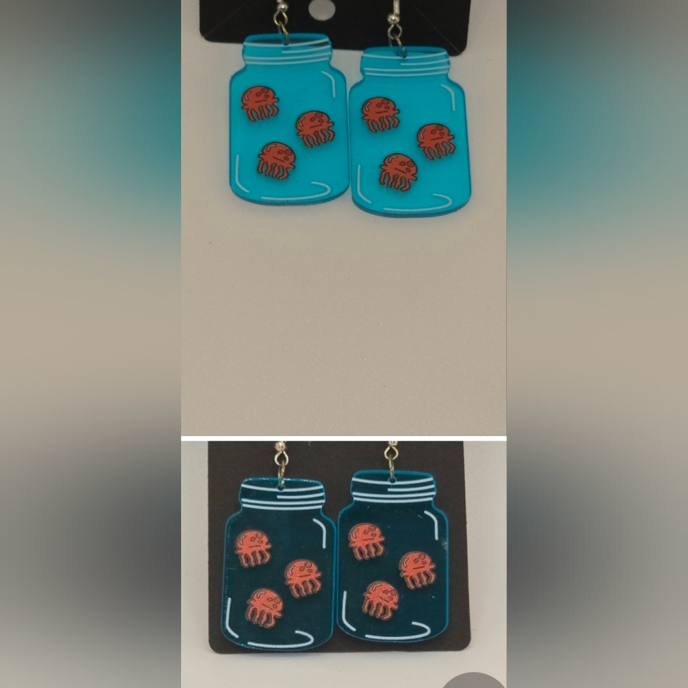 SpongeBob Jellyfish Jar Hook Earrings HypoAllergenic Handmade See‎ Through